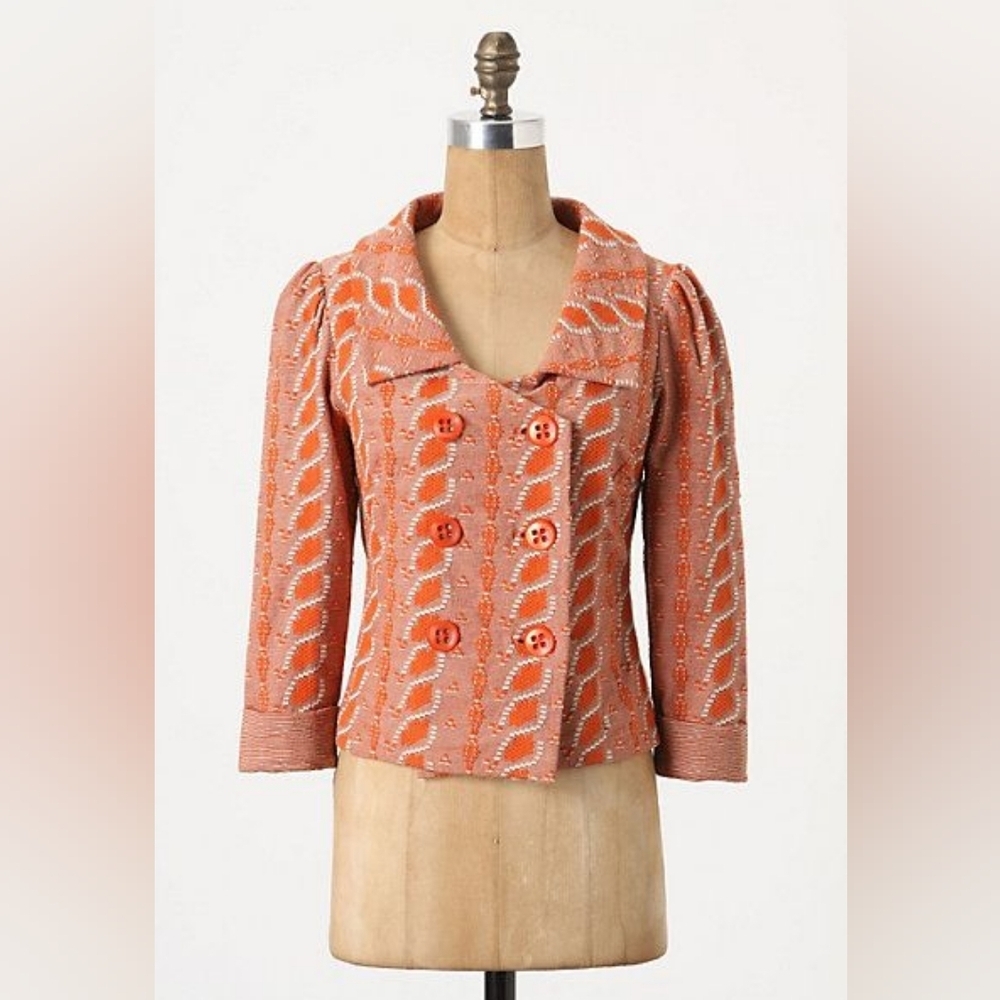 Anthropologie HWR Monogram Orange Geometric Jacquard Blazer Jacket Cardigan XS